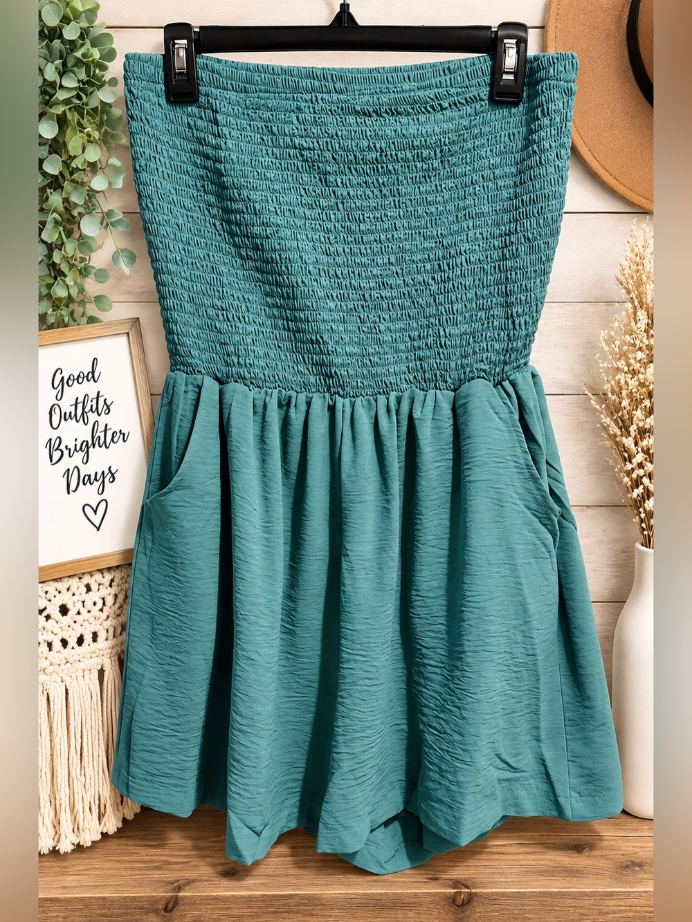 Strapless Teal Smocked Waist Romper size XL